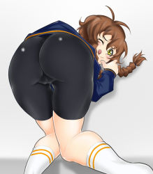 Rule 34 | 1girl, 5pb., all fours, amane suzuha, ass, ass focus, bike shorts, blush, braid, brown hair, cameltoe, come hither, from behind, green eyes, hidekichi (09075470338), huge ass, licking lips, long hair, looking at viewer, naughty face, nitroplus, science adventure, smile, socks, steins;gate, thumbs up, tongue, tongue out, top-down bottom-up, wink