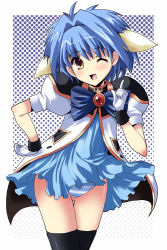 Rule 34 | 00s, 1girl, animal ears, black thighhighs, blue hair, blue skirt, broccoli (company), brown eyes, galaxy angel, hand on own hip, mint blancmanche, one eye closed, open mouth, panties, pantyshot, puffy sleeves, shinshin, short hair, skindentation, skirt, solo, thighhighs, underwear, upskirt, wink, yellow eyes