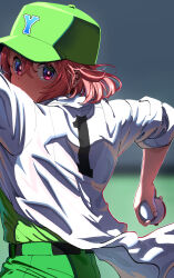 Rule 34 | 1girl, ball, baseball (object), baseball cap, belt, black belt, blurry, blurry background, commentary request, day, depth of field, from behind, green hat, green pants, green shirt, hair between eyes, hat, highres, holding, holding ball, jacket, looking at viewer, looking back, nijisanji, outdoors, pants, pettan p, red eyes, red hair, sasaki saku, shirt, solo, virtual youtuber, white jacket