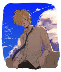 Rule 34 | 1boy, ^ ^, blonde hair, closed eyes, cloud, collared shirt, commentary request, cowboy shot, curly eyebrows, dated, hair over one eye, happy birthday, highres, male focus, necktie, one piece, sanji (one piece), shirt, sky, smile, solo, upper body, white shirt, xx zslove