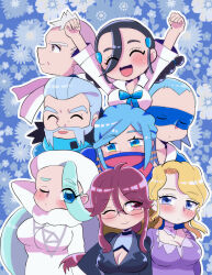 Rule 34 | 4boys, 4girls, blonde hair, blue hair, blue scarf, braid, breasts, brown skirt, brycen (pokemon), business suit, candice (pokemon), cane, chibi, cleavage, cleavage cutout, closed eyes, clothes around waist, clothing cutout, collared shirt, creatures (company), dress, earrings, eye mask, eyeshadow, facial hair, formal, fur-trimmed collar, fur hat, fur trim, game freak, glacia (pokemon), glasses, grusha (pokemon), hat, jacket, jewelry, large breasts, light blue hair, long hair, long sleeves, lorelei (pokemon), makeup, mature female, mature male, melony (pokemon), multi-tied hair, multiple boys, multiple girls, mustache, nintendo, old, old man, one eye closed, pearl earrings, pokemon, pokemon bw, pokemon dppt, pokemon hgss, pokemon lgpe, pokemon oras, pokemon sv, pokemon swsh, pokemon xy, ponytail, pryce (pokemon), puffy sleeves, purple dress, purple eyeshadow, red eyes, red hair, scarf, scarf over mouth, shirt, skirt, sleeves past elbows, snow, snowflakes, striped clothes, striped scarf, suit, sweater, sweater around waist, topless male, trap, turtleneck, twintails, two-tone scarf, upper body, ushanka, white hair, white scarf, white shirt, white sweater, wulfric (pokemon), yellow jacket, yukarinrice