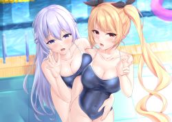 Rule 34 | 2girls, absurdres, alternate costume, azur lane, black ribbon, blonde hair, blue one-piece swimsuit, braid, breast press, breasts, cleavage, collarbone, competition school swimsuit, covered navel, cowboy shot, day, french braid, hair ribbon, highres, indoors, large breasts, lifebuoy, light purple hair, long hair, looking at viewer, multiple girls, nelson (azur lane), one-piece swimsuit, pool, pool ladder, poolside, purple eyes, red eyes, rei no pool, ribbon, rodney (azur lane), school swimsuit, shiroinu (shiroinu 283p), swim ring, swimsuit, twintails, very long hair, water, wet