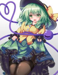 Rule 34 | :d, aqua hair, black hat, black pantyhose, blush, breasts, clothes lift, commentary, cowboy shot, dutch angle, eyes visible through hair, frilled shirt collar, frilled sleeves, frills, green eyes, green skirt, hair between eyes, hat, hat ribbon, heart, heart of string, koishi day, komeiji koishi, lifted by self, long sleeves, looking at viewer, medium breasts, medium hair, miniskirt, open mouth, pantyhose, petticoat, ribbon, shirt, simple background, skirt, skirt lift, smile, solo, standing, thighband pantyhose, third eye, touhou, unory, white background, yellow shirt
