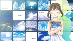 Rule 34 | 1girl, angel wings, atlus, brown hair, closed eyes, doujima nanako, drawing (object), dress, english text, persona, persona 4, picture frame, sepe, short twintails, solo, sundress, text focus, twintails, wings