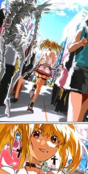Rule 34 | 2girls, absurdres, amane misa, black choker, blonde hair, blue sky, brown eyes, camisole, choker, city, cloud, cross, cross earrings, crowd, death note, earrings, garter straps, highres, jewelry, miniskirt, monster, multiple girls, multiple views, open mouth, outdoors, red skirt, rem (death note), skirt, sky, smile, standing, thighhighs, twintails, walking, white camisole, xi luo an ya