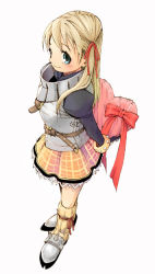 Rule 34 | 1girl, armor, armored dress, blonde hair, blue eyes, cecile (suikoden), closed mouth, gensou suikoden, gensou suikoden iii, hair ribbon, jewelry, kazune, long hair, looking at viewer, ribbon, simple background, skirt, smile, solo, valentine, white background