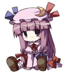 Rule 34 | 1girl, blue bow, blue ribbon, blunt bangs, bow, brown footwear, capelet, chibi, commentary request, crescent, crescent hat ornament, dorua (dollar), dress, hair bow, hat, hat ornament, hat ribbon, long sleeves, looking at viewer, lowres, mob cap, patchouli knowledge, pink capelet, pink dress, pink hat, purple eyes, purple hair, red bow, red ribbon, ribbon, simple background, sitting, solo, touhou, white background