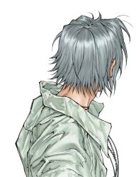 Rule 34 | 1boy, collared shirt, commentary, from behind, from side, gokudera hayato, grey hair, jewelry, katekyo hitman reborn!, male focus, nape, necklace, school uniform, shirt, short hair, simple background, solo, umkaqryi, upper body, white background