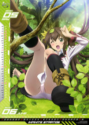 Rule 34 | 10s, 1girl, ;d, absurdres, ankle boots, arm up, boots, brown hair, bush, calendar, copyright name, cross-laced footwear, day, forest, green eyes, highres, huang lingyin, infinite stratos, june, lace-up boots, leaf, leg up, long sleeves, looking at viewer, lying, nature, nishizawa shin&#039;ya, official art, on back, one eye closed, open mouth, outdoors, panties, pantyshot, pink panties, plant, school uniform, sitting, smile, tree, twintails, underwear, upskirt, wince