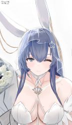 Rule 34 | 1girl, :3, ;3, absurdres, animal ears, artist name, azur lane, bare shoulders, blue eyes, blue hair, bouquet, bra, breasts, chiyu1182, cleavage, closed mouth, collarbone, commentary, dated, english commentary, flower, hair ornament, highres, huge breasts, large breasts, looking at viewer, mole, mole on breast, new jersey (azur lane), new jersey (snow-white ceremony) (azur lane), official alternate costume, one eye closed, rabbit ears, rabbit girl, revealing clothes, see-through, simple background, solo, star (symbol), thick eyelashes, underwear, upper body, veil, white background, white bra