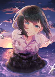 Rule 34 | 1girl, absurdres, arms behind back, black hair, blue eyes, blush, breasts, commentary request, highres, kannadukiiru, looking at viewer, medium breasts, moe2022, original, partially submerged, plaid, plaid skirt, pleated skirt, school uniform, see-through, shirt, short hair, skirt, smile, solo, sparkle, teeth, water, wet, wet clothes, white shirt