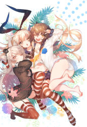 Rule 34 | 10s, 3girls, amatsukaze (kancolle), arm behind head, ass, bare legs, bare shoulders, barefoot, black panties, blonde hair, blush, brown eyes, brown hair, crop top, dress, elbow gloves, floral background, garter straps, gloves, group hug, hair between eyes, hair ribbon, hair tubes, hairband, headgear, highleg, highleg panties, highres, hug, kantai collection, long hair, looking at viewer, miniskirt, multiple girls, navel, one eye closed, open mouth, panties, ribbon, sailor dress, shimakaze (kancolle), short dress, short hair, silver hair, skindentation, skirt, smile, striped clothes, striped legwear, striped thighhighs, thighhighs, thighs, two side up, underwear, v, white gloves, white panties, yukikaze (kancolle), zuizi