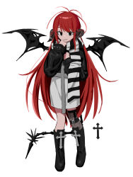Rule 34 | 1girl, absurdres, black coat, black eyes, black footwear, black tail, black wings, boots, coat, cowlick, cross, demon wings, facing viewer, full body, hand on own chest, hand on own chin, hands up, highres, horn ornament, horns, hyow, knees together feet apart, latin cross, long hair, long sleeves, looking at viewer, multicolored coat, original, oversized clothes, red hair, scarf, sharp teeth, sidelocks, single thighhigh, solo, striped clothes, striped scarf, tail, teeth, thigh strap, thighhighs, very long hair, white coat, wings