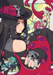Rule 34 | 1other, 2girls, androgynous, aqua eyes, aqua hair, ascot, bare shoulders, black hair, black headwear, black nails, blood, cherry blossoms, detached sleeves, fingerless gloves, flower, gloves, guilty gear, guilty gear strive, hair over one eye, hat, highres, long hair, looking at viewer, multiple girls, other focus, petals, pink eyes, pink hair, red eyes, red flower, red rose, rose, skull, slippy (734nyui), smile, succubus familiar, testament (guilty gear), top hat, white ascot, white gloves