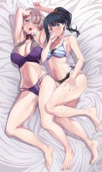 Rule 34 | 2girls, aqua eyes, armpits, arms up, barefoot, bed sheet, bikini, black bikini, black hair, blue eyes, blush, breasts, cleavage, collarbone, commentary request, feet, full body, gridman universe, highres, large breasts, layered bikini, light purple hair, long hair, looking at viewer, medium breasts, mujina, multiple girls, navel, open mouth, parted lips, ponytail, short hair, sideboob, ssss.dynazenon, ssss.gridman, stomach, swimsuit, takarada rikka, teeth, thighs, toes, upper teeth only, wakusei-planet