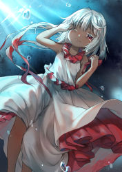 Rule 34 | 1girl, absurdres, adapted costume, air bubble, arms up, baozishark, bare arms, bubble, colored eyelashes, commentary, dark-skinned female, dark skin, dress, ebisu eika, expressionless, hand on own face, highres, layered skirt, looking at viewer, one eye closed, red eyes, short hair with long locks, silver hair, skirt, sleeveless, sleeveless dress, solo, sunlight, symbol-only commentary, tearing up, touhou, two side up, underwater, white dress