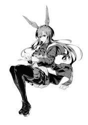 Rule 34 | 1girl, absurdres, amiya (arknights), animal ears, arknights, ascot, closed mouth, coat, commentary, full body, greyscale, highres, holding, jewelry, joker (jjjokerrr233), long hair, monochrome, multiple rings, pantyhose, rabbit ears, ring, skirt, smile, solo, sweater