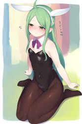 Rule 34 | 1girl, animal ears, battle spirits, black leotard, black pantyhose, bow, bowtie, breasts, character request, commentary request, detached collar, embarrassed, fake animal ears, full body, green hair, highres, leotard, paingumi, pantyhose, playboy bunny, purple bow, purple bowtie, rabbit ears, sitting, small breasts, solo, strapless, strapless leotard, translation request, wariza, wrist cuffs, yellow eyes