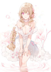 Rule 34 | 1girl, ;), bare shoulders, braid, breasts, brown hair, choker, cleavage, closed mouth, collarbone, commentary request, dress, flower, hair flower, hair ornament, hu kotora, large breasts, long hair, off-shoulder dress, off shoulder, one eye closed, original, pink eyes, pink flower, pointy ears, ripples, single braid, smile, solo, very long hair, water, water drop, white background, white choker, white dress