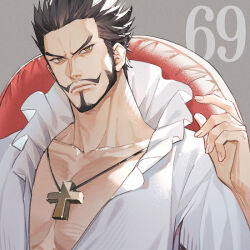 Rule 34 | 1boy, beard, black hair, closed mouth, commentary request, cross pendant, dracule mihawk, facial hair, frilled shirt, frills, grey background, looking ahead, male focus, mustache, numbered, on chair, one piece, shirt, short hair, simple background, solo, white shirt, yellow eyes, yoshicha