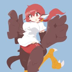 Rule 34 | 1girl, animal ears, big o pants, bird ears, bird legs, bird tail, black feathers, black wings, blue background, buruma, commentary request, feather fingers, feathers, fio-chan (big o pants), gym shirt, hair between eyes, harpy, long hair, monster girl, open mouth, original, ponytail, red buruma, red eyes, red hair, shirt, simple background, solo, tail, talons, winged arms, wings