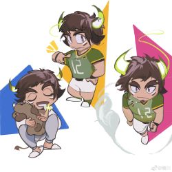 Rule 34 | 1boy, absurdres, american football uniform, animal ears, brown eyes, brown hair, chibi, collage, cow boy, cow ears, cow horns, dichuan (arriverw), drooling, facial hair, fiery horns, forked eyebrows, glowing horns, goatee, green shirt, highres, holding, holding stuffed toy, horns, male focus, official alternate costume, pectorals, pointing, pointing at self, shirt, short hair, short sleeves, shorts, sparkle, sportswear, stuffed toy, thick eyebrows, tokyo houkago summoners, wakan tanka, white shorts