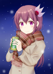 Rule 34 | 1girl, alternate costume, blue sweater, blush, brown coat, brown hair, can, casual, closed mouth, coat, hair ornament, highres, holding, holding can, kantai collection, kisaragi (kancolle), long hair, long sleeves, looking at viewer, minakami mimimi, night, plaid, plaid scarf, purple eyes, red scarf, scarf, smile, snow, solo, sweater, upper body