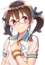 Rule 34 | 1girl, black ribbon, blush, brown eyes, brown hair, closed mouth, clothes writing, collared shirt, glasses, gym shirt, hair ornament, hair ribbon, hairclip, hand on own chest, head tilt, long hair, looking at viewer, nose blush, original, pairan, red-framed eyewear, ribbon, shirt, short sleeves, simple background, smile, solo, sweatband, tareme, twintails, upper body, white background, white shirt, wing collar