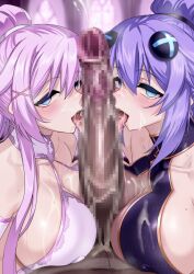 Rule 34 | 1boy, 2girls, absurdres, blue eyes, breasts, censored, china dress, chinese clothes, cum, dark-skinned male, dark skin, dress, highres, huge breasts, large breasts, licking, long hair, multiple girls, nepgear, neptune (neptunia), neptune (series), nipples, nyamota, open mouth, paizuri, penis, pink hair, purple hair, purple heart (neptunia), purple sister, siblings, sisters, source request, swimsuit