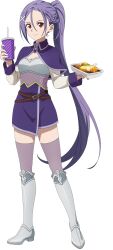 Rule 34 | 1girl, artist request, collar, commentary request, cross hair ornament, drink, food, full body, hair ornament, highres, holding, holding drink, long hair, long sleeves, mito (sao), ponytail, purple hair, red eyes, simple background, solo, standing, sword art online, sword art online progressive, white background