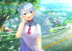 Rule 34 | 1girl, :d, aoi shouko, blue eyes, blue hair, blurry, blurry background, blush, building, collared shirt, commentary request, commission, day, depth of field, dress, floating hair, hair between eyes, hand up, head tilt, kou hiyoyo, long hair, looking at viewer, necktie, open mouth, outdoors, pleated dress, pop&#039;n music, purple dress, railing, rainbow, red necktie, road, shirt, short necktie, short sleeves, skeb commission, sleeveless, sleeveless dress, smile, solo, tree, v, very long hair, white shirt