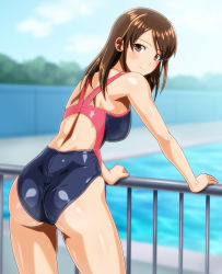 Rule 34 | 1girl, anime coloring, ass, black one-piece swimsuit, blue sky, blurry, breasts, brown eyes, brown hair, cloud, commentary request, competition swimsuit, cowboy shot, day, depth of field, from behind, long hair, looking at viewer, looking back, medium breasts, monteriakitto, multicolored clothes, multicolored swimsuit, one-piece swimsuit, original, outdoors, railing, sky, solo, swimsuit