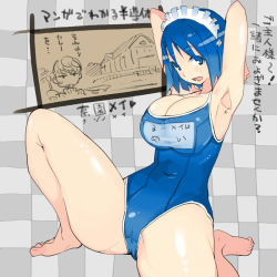 Rule 34 | 1girl, armpits, arms behind head, barefoot, blue eyes, blue hair, breasts, bursting breasts, checkered background, chibi, chibi inset, large breasts, maid headdress, mei (takayama toshinori), name tag, one-piece swimsuit, original, partially translated, school swimsuit, short hair, spoon, spread legs, sweatdrop, swimsuit, takayama toshinori, translation request