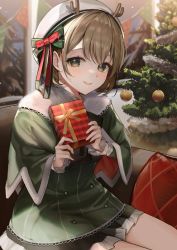 Rule 34 | 1girl, antlers, bad id, bad twitter id, ball, beret, blush, brown hair, cbi cbi, christmas, christmas present, christmas tree, couch, cushion, dress, dutch angle, fake antlers, flag, frilled dress, frilled sleeves, frills, fur-trimmed shawl, fur trim, gift, green dress, green eyes, grin, hair between eyes, hat, holding, holding gift, horns, indoors, looking at viewer, night, on couch, original, parted lips, reindeer antlers, shawl, short hair, sitting, smile, solo, teeth, tree, white hat, window