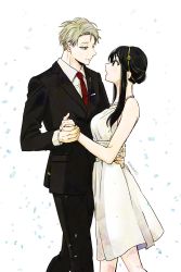 Rule 34 | 1boy, 1girl, absurdres, akdk831, black hair, black pants, black suit, blonde hair, collared shirt, commentary, dress, formal, highres, holding hands, hug, husband and wife, jewelry, looking at another, necklace, necktie, pants, red necktie, shirt, simple background, smile, spy x family, standing, suit, twilight (spy x family), twitter username, waist hug, white background, white dress, white hair, yor briar