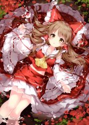 Rule 34 | 1girl, absurdres, afloat, ascot, blush, bow, breasts, brown hair, collared shirt, detached sleeves, frilled bow, frilled shirt collar, frills, from above, hair bow, hair tubes, hakurei reimu, highres, in water, long hair, long sleeves, looking at viewer, lying, medium breasts, midriff, mochizuki shiina, nontraditional miko, on back, parted lips, partially submerged, petticoat, red bow, red skirt, ribbon-trimmed sleeves, ribbon trim, scan, shirt, skirt, skirt set, solo, touhou, water, water drop, wide sleeves, yellow ascot, yellow eyes
