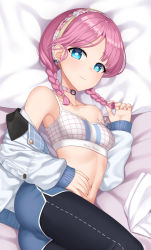 Rule 34 | 1girl, arknights, ass, bare shoulders, black leggings, black pantyhose, blue eyes, blue poison (arknights), blue poison (shoal beat) (arknights), blue shorts, blush, braid, breasts, character name, choker, cleavage, cowboy shot, crop top, earrings, hairband, hand on own stomach, hand up, highres, holding, holding hair, jacket, jewelry, kurisu-kun, leggings, looking at viewer, lying, midriff, navel, off shoulder, on bed, on side, open clothes, open jacket, pantyhose, pink hair, short shorts, shorts, small breasts, smile, solo, strap slip, thighs, twin braids, twintails