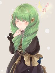 Rule 34 | 1girl, bow, closed mouth, closed eyes, fire emblem, fire emblem: three houses, flayn (fire emblem), garreg mach monastery uniform, green hair, grey background, hair ornament, haru (nakajou-28), highres, long hair, long sleeves, musical note, nintendo, simple background, smile, solo, uniform, upper body, yellow bow