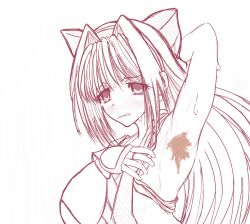 Rule 34 | 1girl, ainu clothes, arm behind head, armpits, breasts, chocolate, chocolate on body, embarrassed, fingerless gloves, food on body, gloves, hair ribbon, long hair, looking at viewer, monochrome, nakoruru, presenting armpit, ribbon, samurai spirits, small breasts, snk, solo, sweat, tears