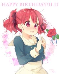 Rule 34 | 10s, 1girl, 1other, anima yell!, blunt bangs, blush, bow, commentary request, dated, embarrassed, english text, female focus, flower, full-face blush, hair bow, hair ornament, happy birthday, heart, lens flare, looking to the side, out of frame, red eyes, red flower, red hair, red rose, ribbon, rose, school uniform, signature, solo focus, sparkle, twintails, two side up, unohana tsukasa, upper body, ushiku kana, wavy mouth, white background