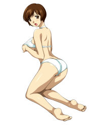 Rule 34 | 1girl, :o, ass, barefoot, bikini, blush, breasts, brown eyes, brown hair, feet, from behind, full body, hairu, kneeling, large breasts, looking at viewer, looking back, open mouth, panties, plantar flexion, short hair, simple background, solo, super real mahjong, swimsuit, toes, toyohara etsuko, underwear, white background, white bikini, white panties