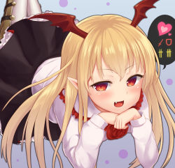 Rule 34 | 10s, 1girl, blonde hair, blush, fang, granblue fantasy, head rest, head wings, heart, long hair, looking at viewer, lying, on stomach, open mouth, pointy ears, red eyes, shingeki no bahamut, shinovi, simple background, smile, solo, vampy, wings