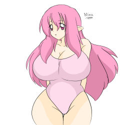 Rule 34 | breasts, curvy, hair intakes, huge breasts, long hair, groin, one-piece swimsuit, original, pink eyes, pink hair, pointy ears, simple background, solo, standing, swimsuit, wide hips, zeon (pixiv722928)