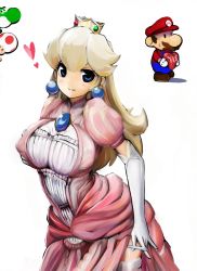 Rule 34 | 1girl, 2boys, aegis (nerocc), blonde hair, blue eyes, breasts, brooch, covered erect nipples, crown, dress, earrings, facial hair, gloom (expression), gloves, grabbing own breast, hat, heart, highres, holding, jewelry, large breasts, long hair, long sleeves, looking at viewer, mario, mario (series), multiple boys, mustache, nintendo, overalls, panties, panty pull, parted lips, pink dress, princess peach, puffy short sleeves, puffy sleeves, pulling own clothes, short sleeves, side slit, simple background, smile, solo focus, standing, sweatdrop, thighhighs, toad (mario), underwear, upper body, white background, white gloves, white thighhighs, yes, yoshi