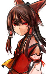 Rule 34 | 1girl, ascot, bare shoulders, bow, detached sleeves, frilled bow, frills, hair bow, hair tubes, hakurei reimu, long hair, long sleeves, looking at viewer, necro (nekurodayo), red bow, red eyes, simple background, smile, solo, touhou, upper body, white background