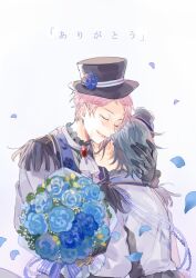 Rule 34 | 2boys, black gloves, black hair, black headwear, blue flower, bouquet, crying, ensemble stars!, flower, gloves, hand on another&#039;s head, hat, hat ornament, holding, holding bouquet, itsuki shu, kagehira mika, kanji, long sleeves, male focus, multiple boys, multiple views, open mouth, petals, pink hair, seuga, short hair, simple background, streaming tears, tears, valkyrie (ensemble stars!), white background