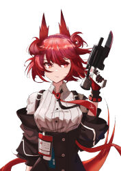 Rule 34 | 1girl, :/, absurdres, animal ears, arknights, bayonet, bird ears, black skirt, breasts, collared shirt, fiammetta (arknights), gun, highres, holding, holding gun, holding weapon, id card, jacket, kaka cathenal, medium breasts, off shoulder, open clothes, open jacket, red eyes, red hair, shirt, short hair, simple background, skirt, solo, suspender skirt, suspenders, upper body, weapon, white background, white shirt