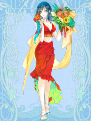 Rule 34 | 1girl, :d, aoi fujimiya, art nouveau, blue background, blue eyes, blue nails, bouquet, braid, breasts, cleavage, dairoku ryouhei, feet, flower, full body, gradient hair, hibiscus, highres, holding, holding bouquet, holding flower, legs, lily (flower), long hair, looking at viewer, medium breasts, midriff, multicolored hair, nail polish, navel, open mouth, red skirt, sandals, shachi (tw), skirt, smile, solo, standing, toenail polish, toenails, toes