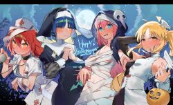 Rule 34 | 4girls, @ @, ahoge, angel wings, asymmetrical dress, bandage on face, bandaged arm, bandaged head, bandages, banknote, black choker, black dress, black headwear, black hood, black sleeves, blonde hair, blood, bloody bandages, blue eyes, blue hair, blush, bocchi the rock!, breasts, candy, choker, clenched teeth, cloud, collarbone, commentary request, covered navel, demon wings, detached sleeves, dollar bill, dress, embarrassed, flat chest, food, full-face blush, full moon, ghost pose, gotoh hitori, habit, hair between eyes, hair ornament, hairclip, halloween, halloween costume, hand up, happy halloween, hat, head wings, heart, highres, holding, holding stethoscope, ijichi nijika, interlocked fingers, kita ikuyo, lollipop, long hair, long sleeves, looking ahead, looking at viewer, medium breasts, money, moon, multiple girls, naked bandage, navel, night, night sky, nun, nurse, nurse cap, open mouth, parted lips, pink hair, red hair, short hair, short sleeves, side ponytail, sidelocks, sky, small breasts, smile, sofa (enogunomu), solo, spoken blush, spoken food, spoken heart, star (sky), starry sky, stethoscope, stomach, sweat, teeth, thighs, thought bubble, torn clothes, twitter username, upper teeth only, wavy hair, wavy mouth, white dress, white headwear, white sleeves, wings, yamada ryo, yellow eyes