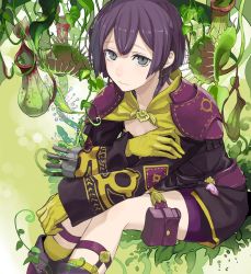 Rule 34 | 1girl, bernadetta von varley, closed mouth, earrings, fire emblem, fire emblem: three houses, gloves, grey eyes, jewelry, long sleeves, mikami, nintendo, plant, pouch, purple hair, sitting, solo, thigh pouch, venus flytrap, yellow gloves